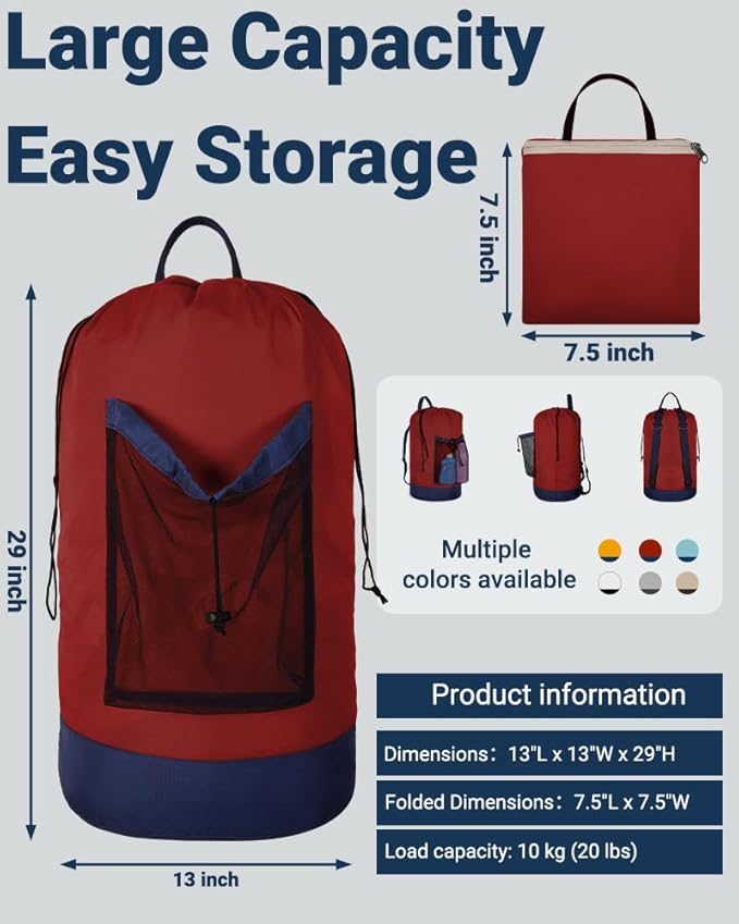 Laundry Bag with Shoulder Straps and Mesh Pocket Laundry Backpack Large