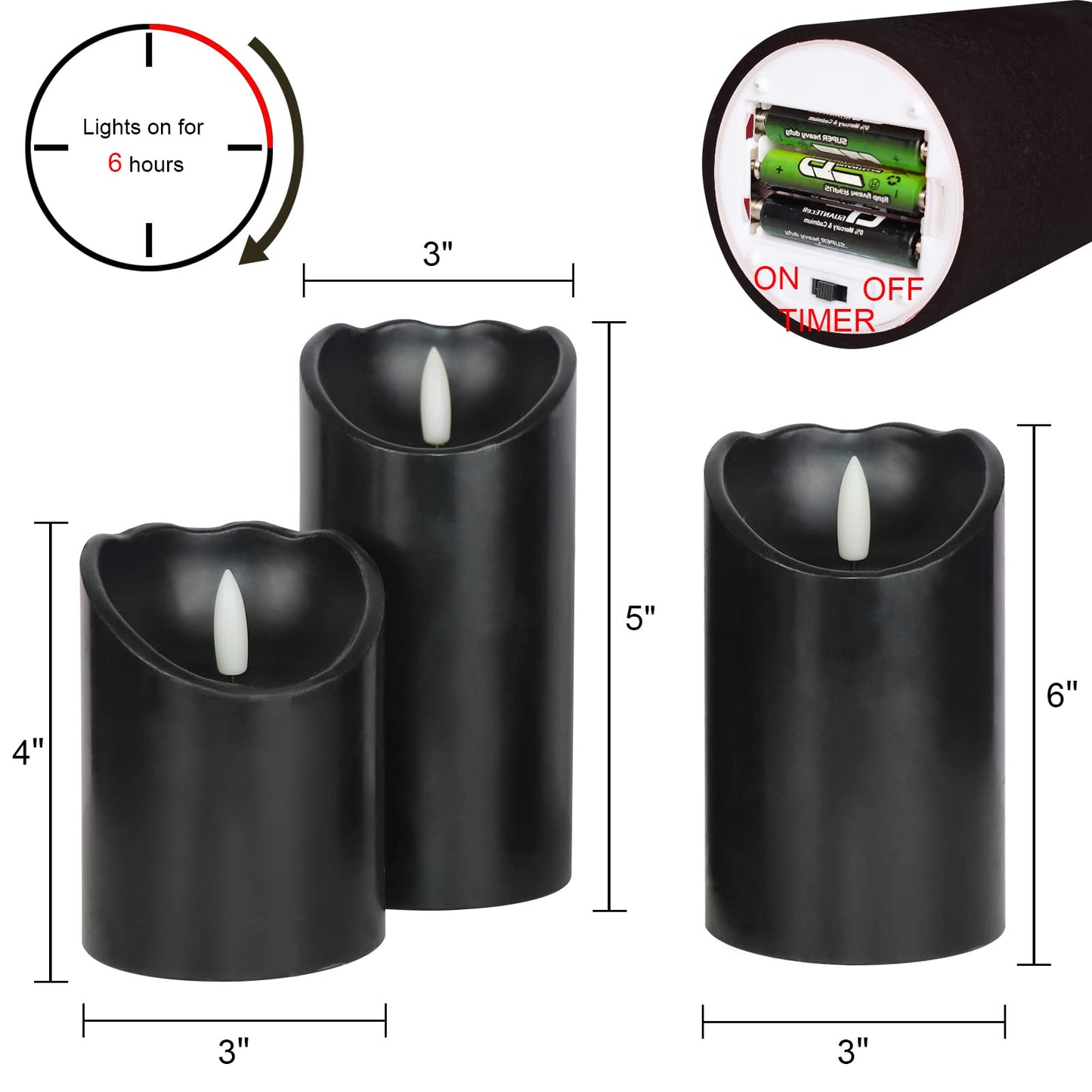 DRomance Black Flameless Pillar Candles with 6H Timer AAA Battery Powered Real Wax Wick Flickering LED Candles Hallloween Theme Home Decoration Candle 3 x 4, 5, 6 Inches