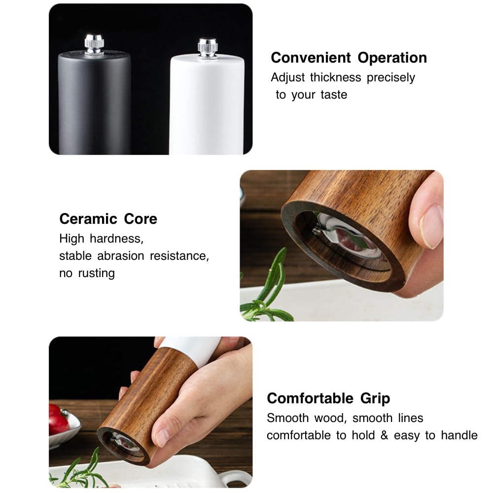 GCFTIFF Wooden Salt and Pepper Grinder Set,Crafted of Solid Acacia Wood with Ceramic Steel Core,Adjust for Customized Coarseness(2pcs white + black,6 inch)