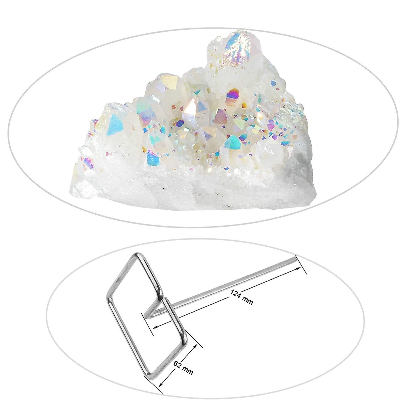 Amogeeli Titanium Coated Rock Crystal Home Decor on Metal Stand, Angel Aura Quartz Cluster Specimen