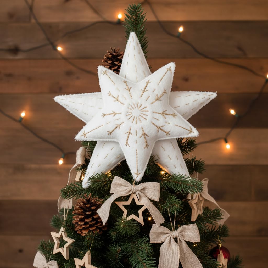 TORAKIP Felt Star Christmas Tree Topper 8.7" x 8.7" (22 x 22 cm) – Soft White Tree Top Star Decoration, Lightweight Scandinavian Farmhouse Holiday Decor, Cozy Felt Christmas Tree Topper