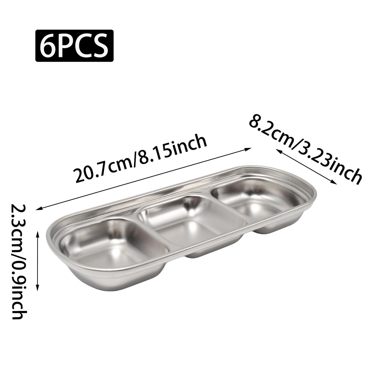 Mormchlots 6pcs 8inch Stainless Steel Divided Dip Bowls,Sauce Bowl Korean Ketchup Bowl,Compartment Condiment Tray for Home/Restaurant (Silver, Triple Dipping Bowl)