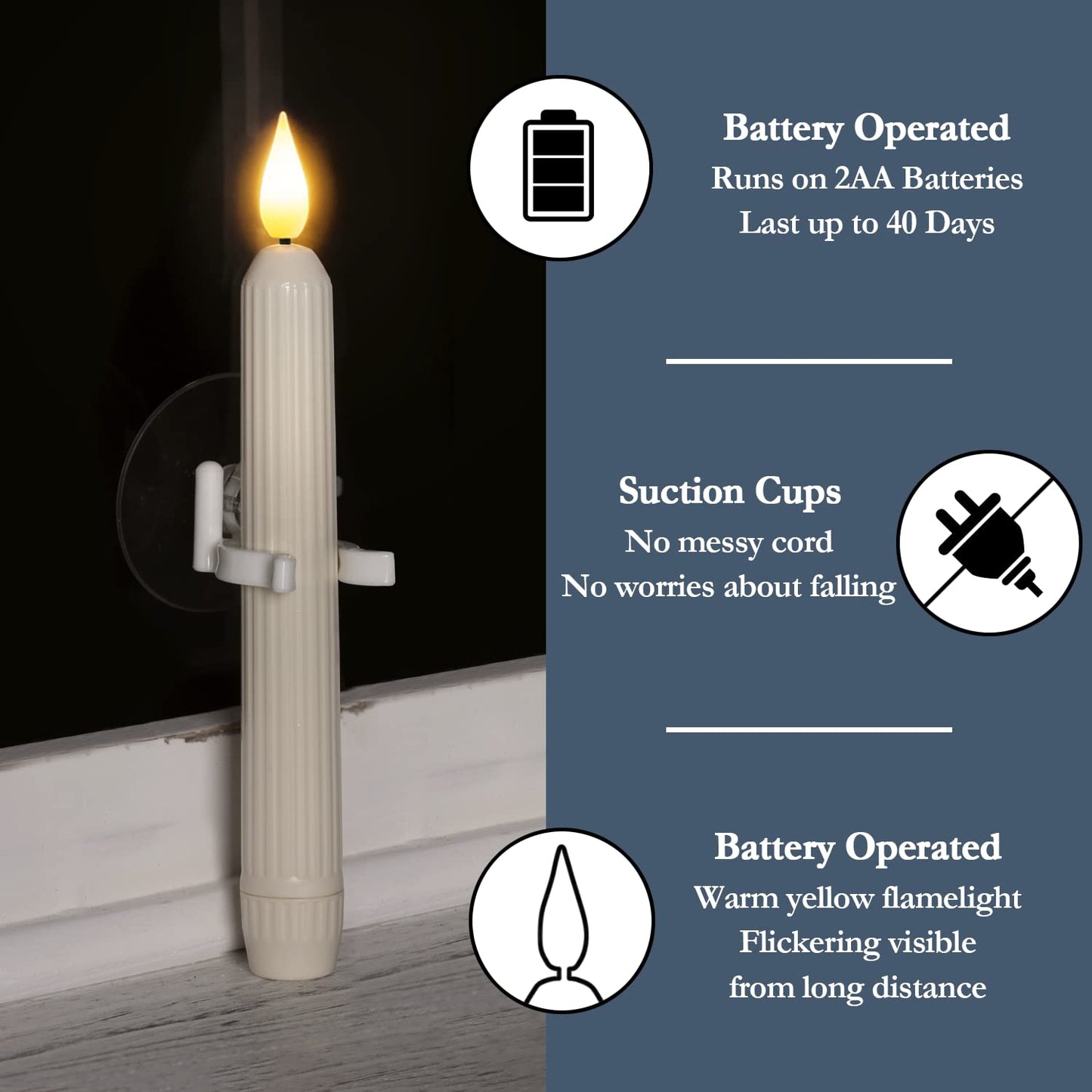 Homemory 6 Pcs Window Candles with Sensor Dusk to Dawn, Ivory Striped Candlesticks with Suction Cups, Roman Column Christmas Window Candle Battery Operated, Flameless Led Taper Candles for Windows