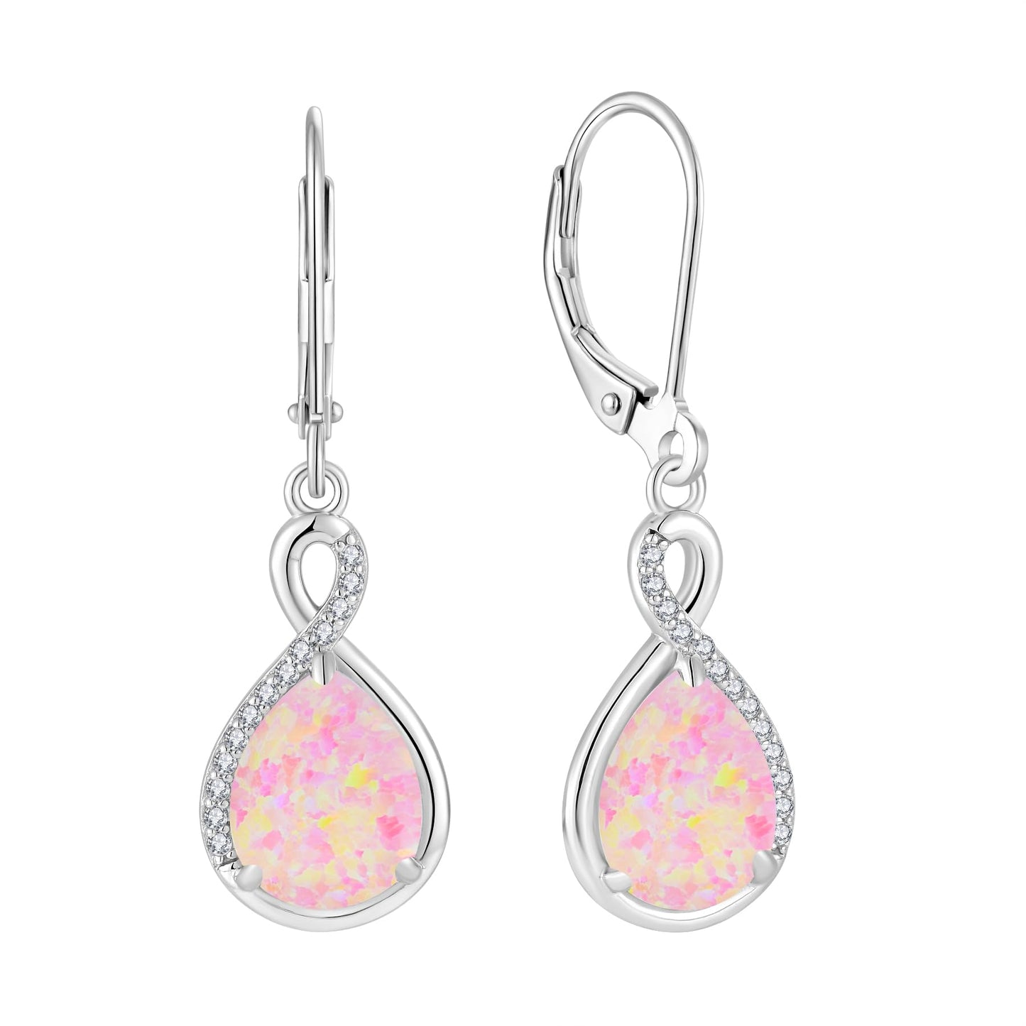 FYNSBLE Pink Opal Earrings for Women Sterling Silver Infinity Opal Dangle Drop Leverback Earrings Hypoallergenic Jewelry for Women