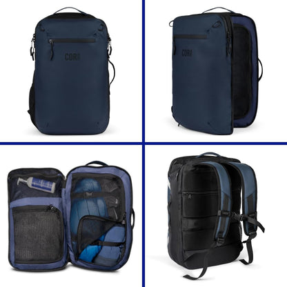 COR Surf Carry On Travel Backpack Bundle | Island Hopper Travel Backpack with Toiletry Bag and Compression Packing Cube Set (Blue, 28L)