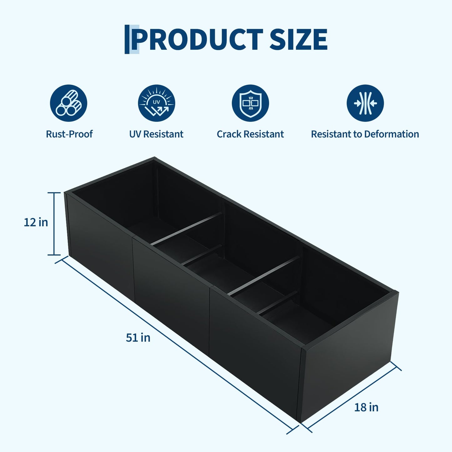 Outdoor Metal Planter Box,51" x 18" x 12" Large Rectangular Metal Planter Box,Heavy Duty Steel Raised Garden Bed with Drainage Holes, Snap-on Assembly, Outdoor Planter for Patio, Balcony, Garden
