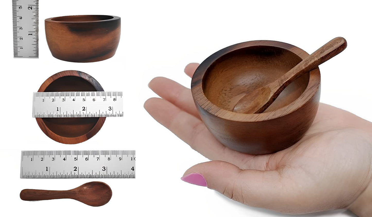 BestySuperStore Set of 4 Small Round Acacia Wooden Bowls 2¾ Inch Diameter 1½" High With Spoons - Stackable Mixing Bowl Salad Soup Snack Dip Sauce Charcuterie Wood Tableware Sets for Decor and Serving