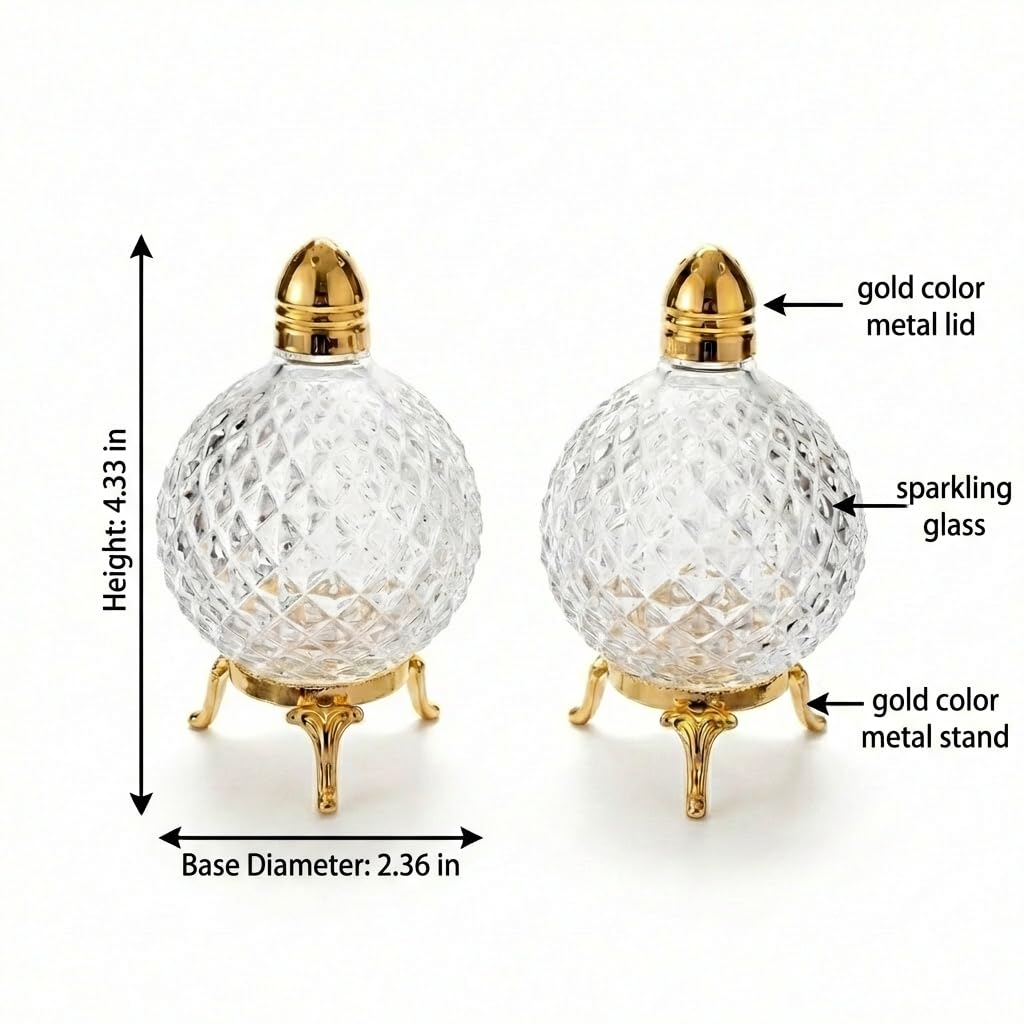 Crystal Glass Salt and Pepper Shakers with Gold Metal Stand and Lid, Diamond Cut Design, 4.33 Inches Height, 2 Piece Set