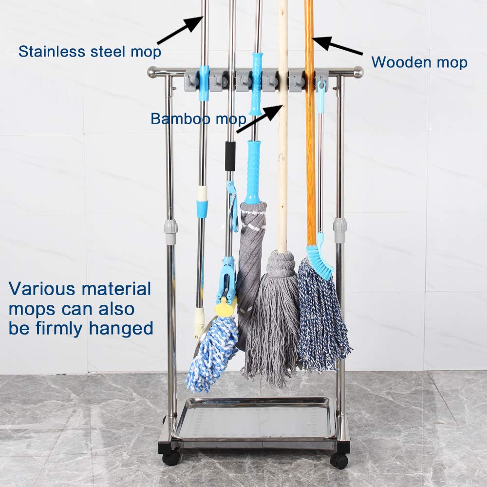 QTJH movable mop broom holder put wet mops floor standing cleaning tool rack stainless for schools, hospitals, factories, hotels, restaurant, etc.