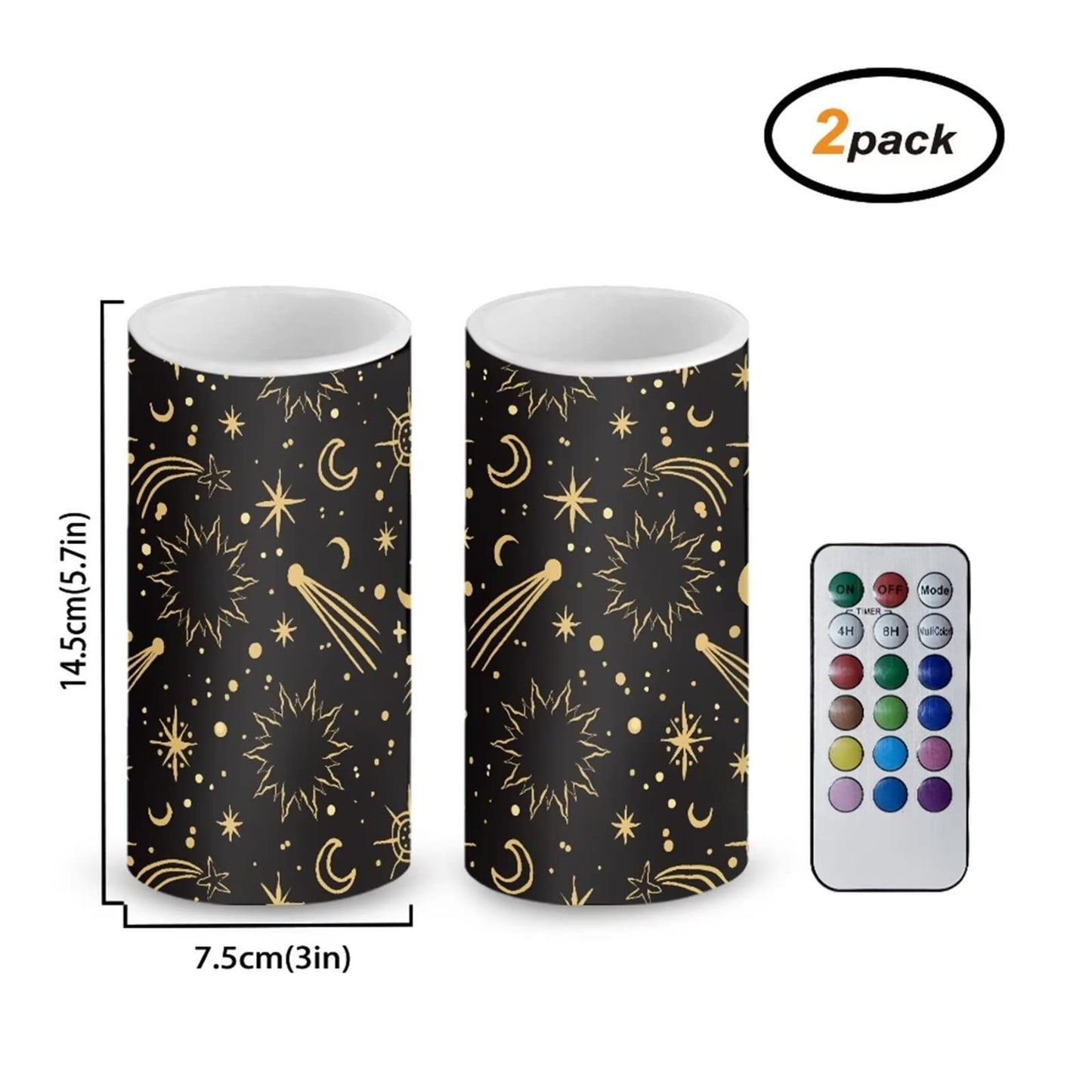 Cozeyat Star Moon Print Flickering Electric Tealights for Indoor Outdoor Decor,2 Pieces Flameless Votive Tea Lights,Real Wax Pillar LED Candles Battery Operated,Waterproof