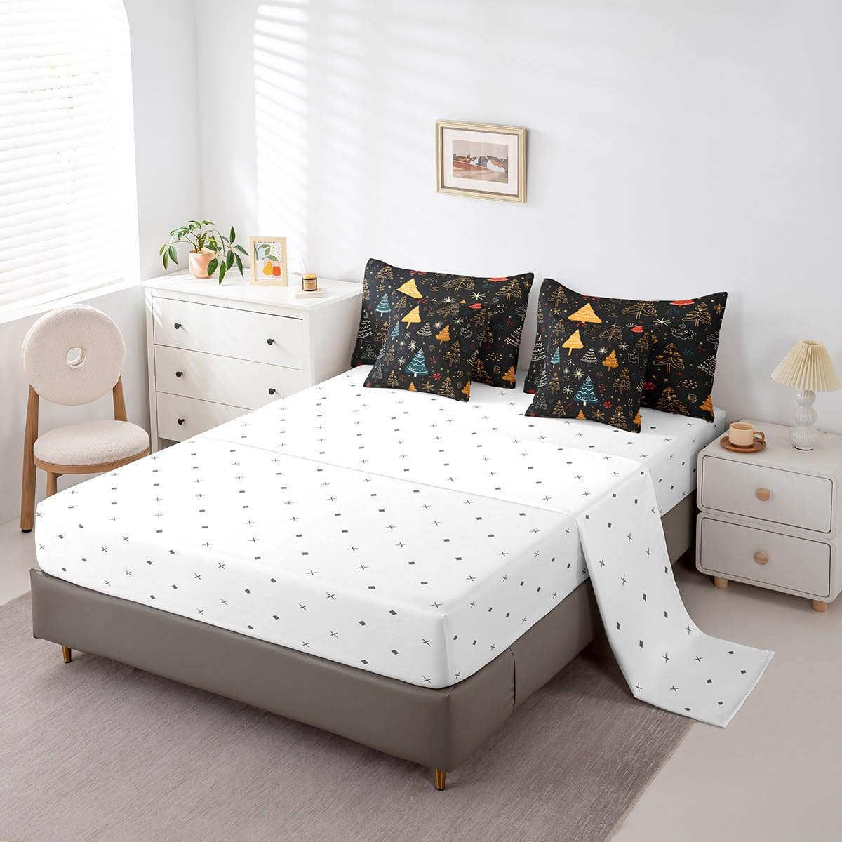 Erosebridal Christmas Theme Bedding Full Size 7Pcs for Kids Boys Girls Xmas Tree Comforter Set,Glitter Stars Bed in A Bag Black Comforter Set with Sheets,Cartoon Hand Drawn Bed Set for All Seasons
