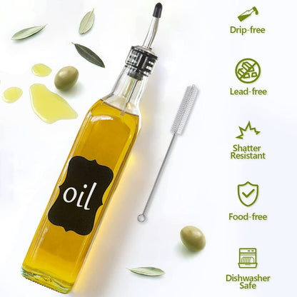Showvigor Olive Oil Dispenser Bottle, Oil and Vinegar Cruet Bottle 17oz/500 ml, Square Tall Glass Oil Container with 2 Stainless Steel Pourers, 2 Labels,1 Brush and 1 Funnel Oil Bottles for Kitchen