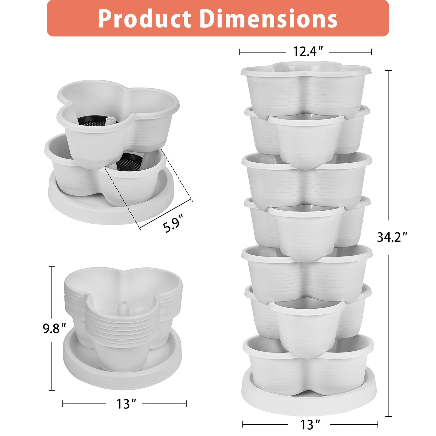 VECELO 7 Tier Vertical Garden Planter, Self Watering Stackable Planters with Wheels for Strawberries, Herbs, Flowers, Vegetables, White