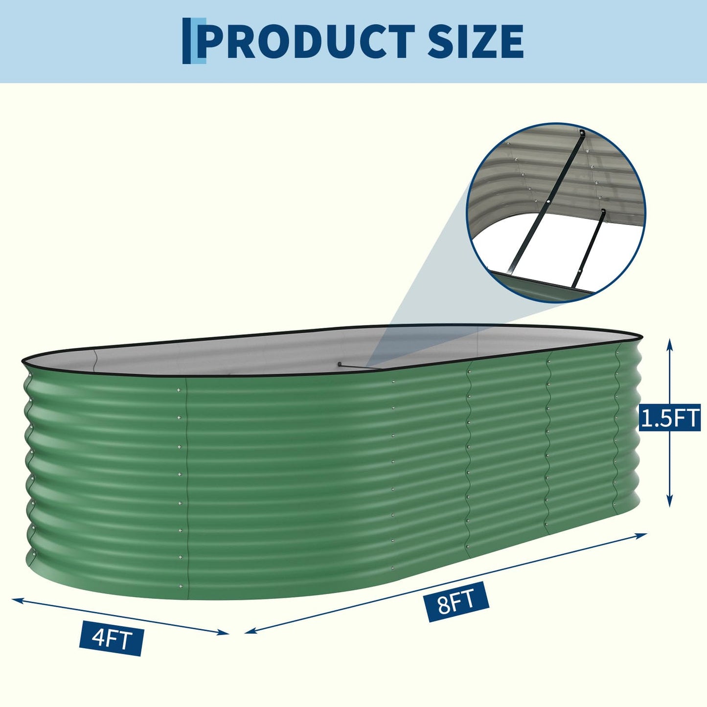 Garvee 8x4x1.5ft Galvanized Raised Garden Bed, Oval Metal Planter Box with Anti-Cut Safety Edges, 359 Gallons Rust-Resistant Deep Root Planter for Outdoor Vegetables, Flowers, Herbs, Green
