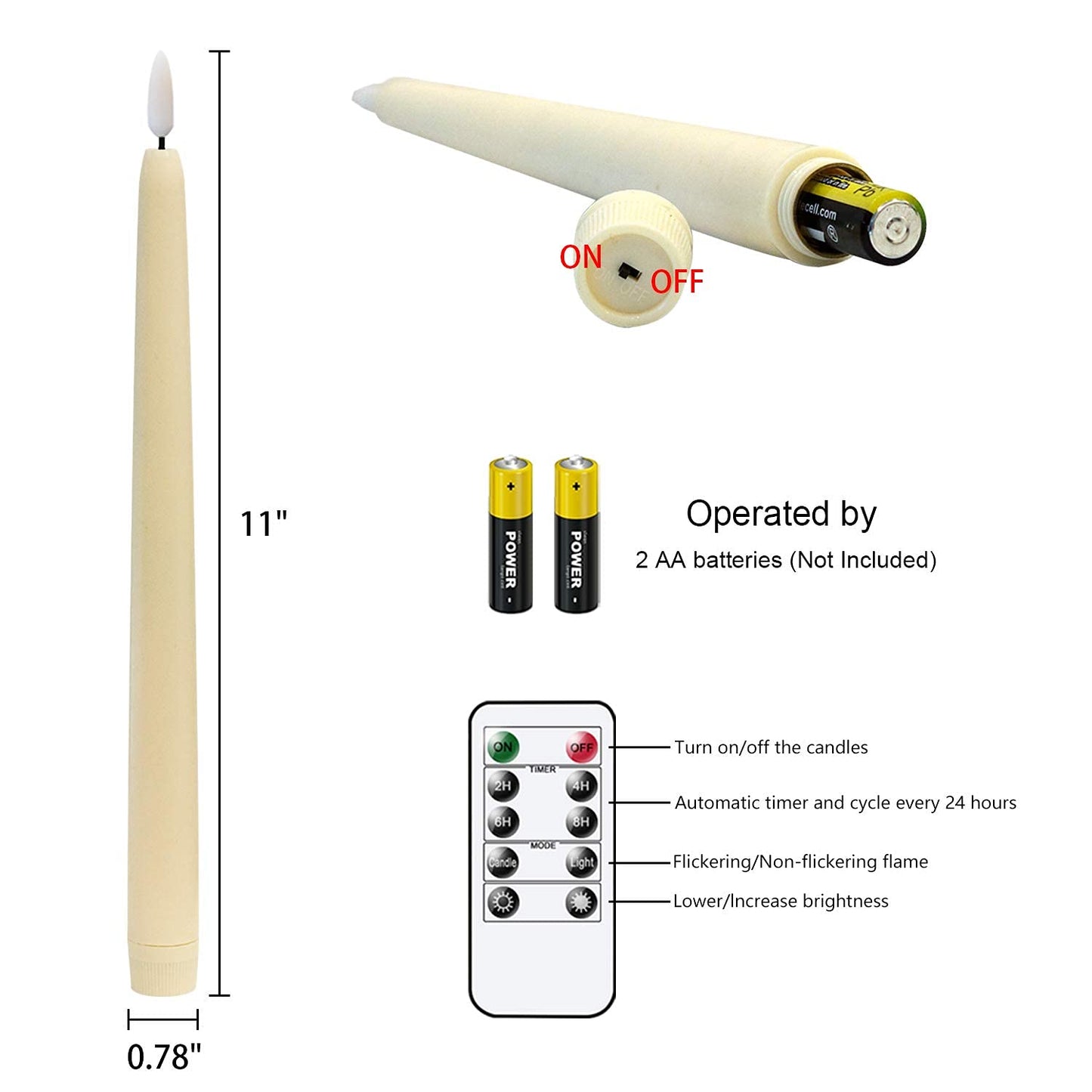 Wondise Flameless Flickering Taper Candles with Remote and Timer, 11 Inch Battery Operated Real Wax 3D Flame Ivory Window Candle for Christmas Home Decoration, Set of 4(D0.78 inch x H11 inch)