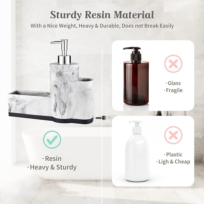 zccz Soap Dispenser with Sponge Holder and Brush Holder, Marble Pattern Kitchen