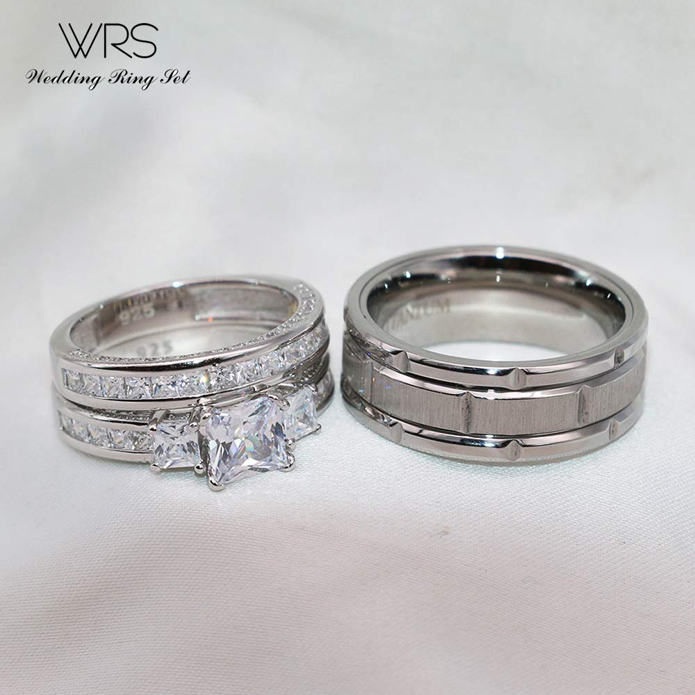 His Hers Wedding Ring Sets Couples Matching Rings Women's 10k White Gold Filled Heart CZ Wedding Engagement Ring Bridal Sets & Men's Tungsten Carbide Wedding Band