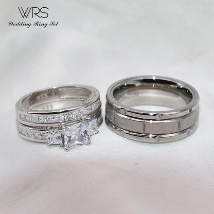 His Hers Wedding Ring Sets Couples Matching Rings Women's 10k White Gold Filled Heart CZ Wedding Engagement Ring Bridal Sets & Men's Tungsten Carbide Wedding Band