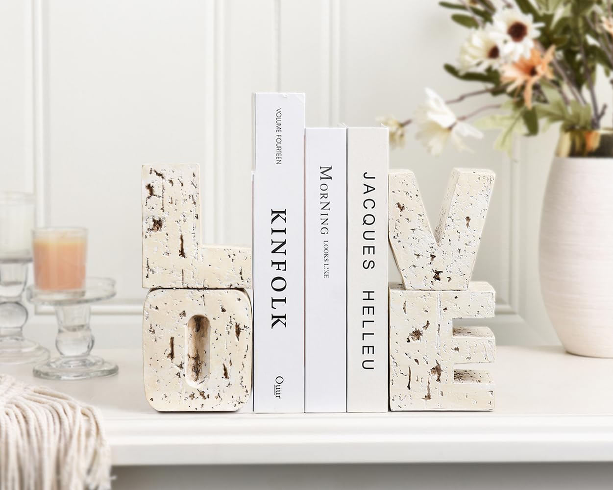 Book Ends Decorative with Love Design,Small Farmhouse Heavy Duty Bookends,Book Holders for Shelves, Book Stoppers for Home Desk Decoration, Unique Love Sculpture Bookend-Great Gift for Valentine's Day
