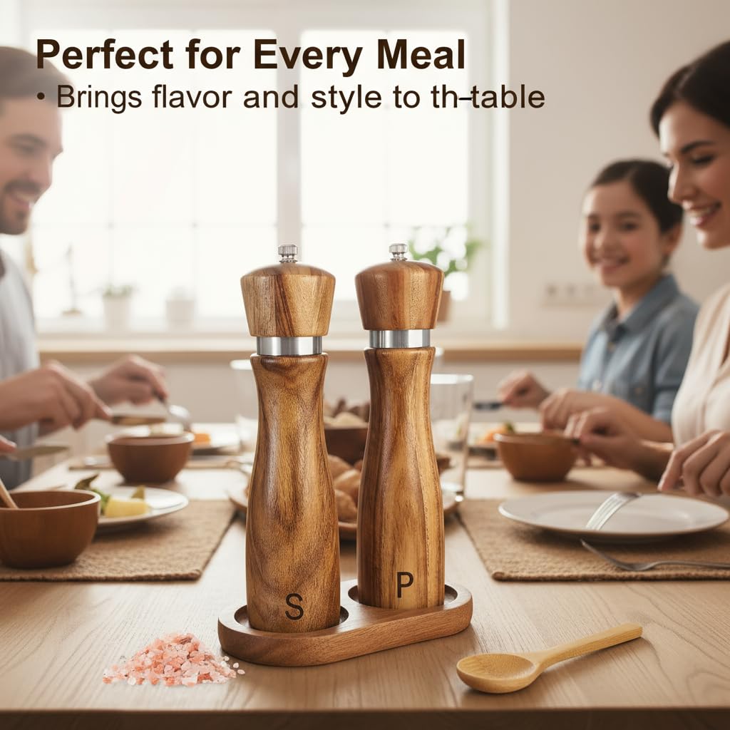 Wooden Salt and Pepper Grinder Set,salt grinder refillable,Adjustable Coarseness,Crafted of Solid Acacia Wood with Ceramic/Stainless Steel Core|Along withl Spoon,Tray,8in,2pack,easy to clean