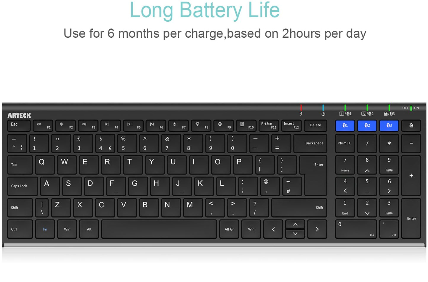 Arteck Universal Bluetooth Keyboard Multi-Device Stainless Steel Full Size Wireless Keyboard for Windows, iOS, Android, Computer Desktop Laptop Surface Tablet Smartphone Built in Rechargeable Battery