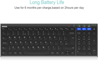 Arteck Universal Bluetooth Keyboard Multi-Device Stainless Steel Full Size Wireless Keyboard for Windows, iOS, Android, Computer Desktop Laptop Surface Tablet Smartphone Built in Rechargeable Battery