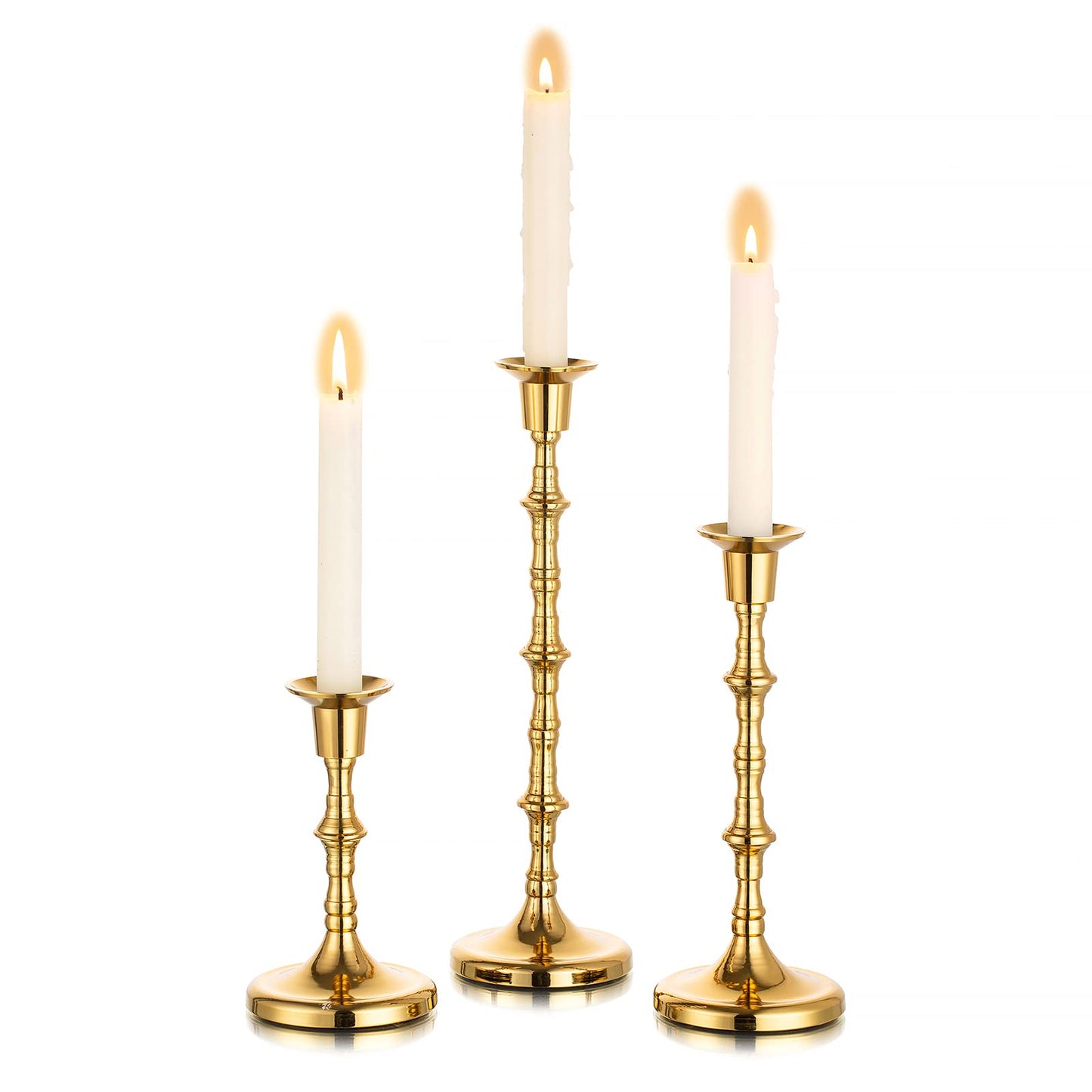 Nuptio Brass Candlestick Holders for Centerpiece: Set of 3 Gold Taper Candle Stick Holders for Home Dining Table Fireplace Decor