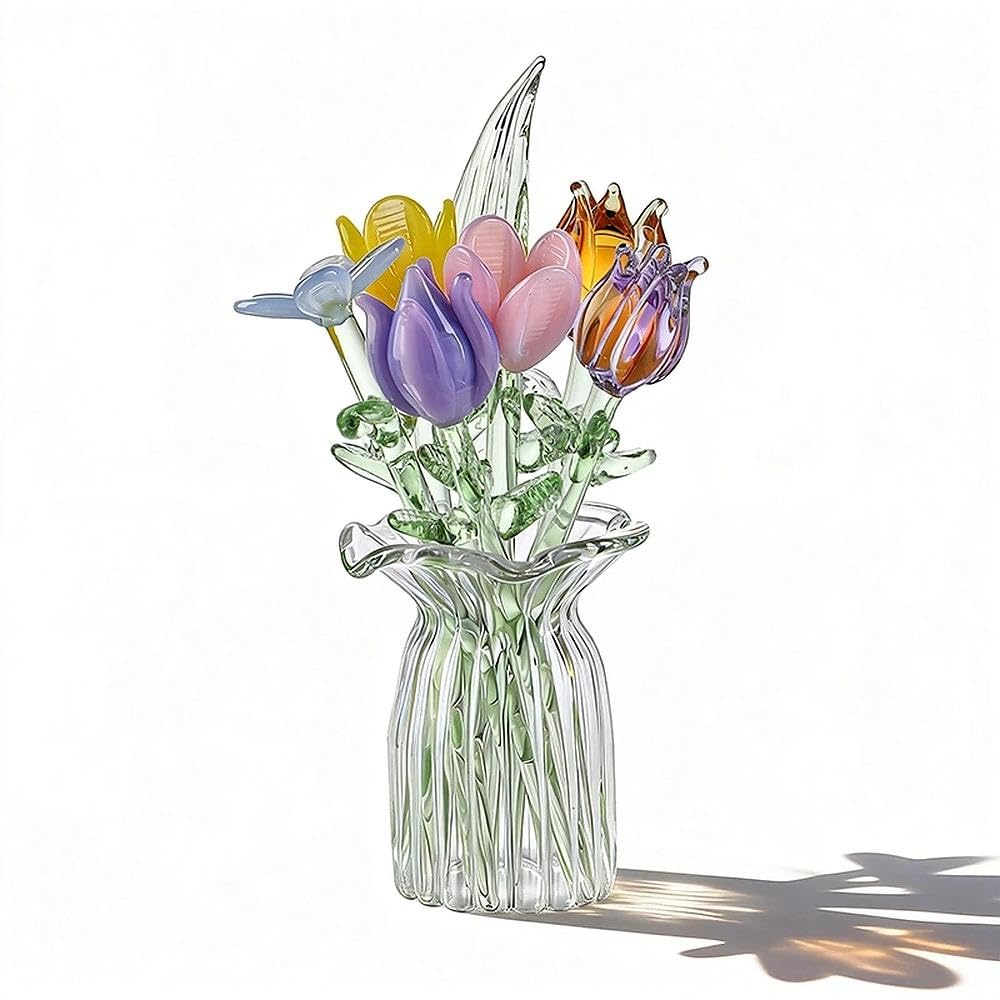 H&D HYALINE & DORA 7 Pcs Mini Glass Flower Hand Blown Glass Artificial Flowers with Clear Vase Crystal Wildflower Collectible Ornament for Women Mom Wedding Home Table Centerpiece(Style 1)