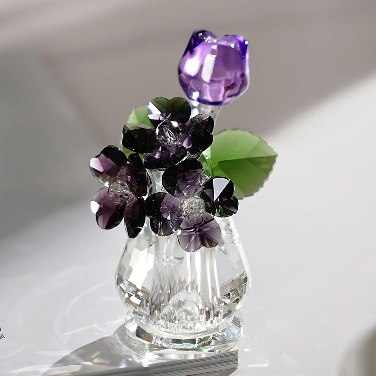 Decorative Crystal Glass Flower Sculpture - Rose & Clover Bouquet, Symbol of Love & Luck, Ornament for Home, Display Cabinet & Window Sill Decor, Gifts for Garden Enthusiasts (Purple)