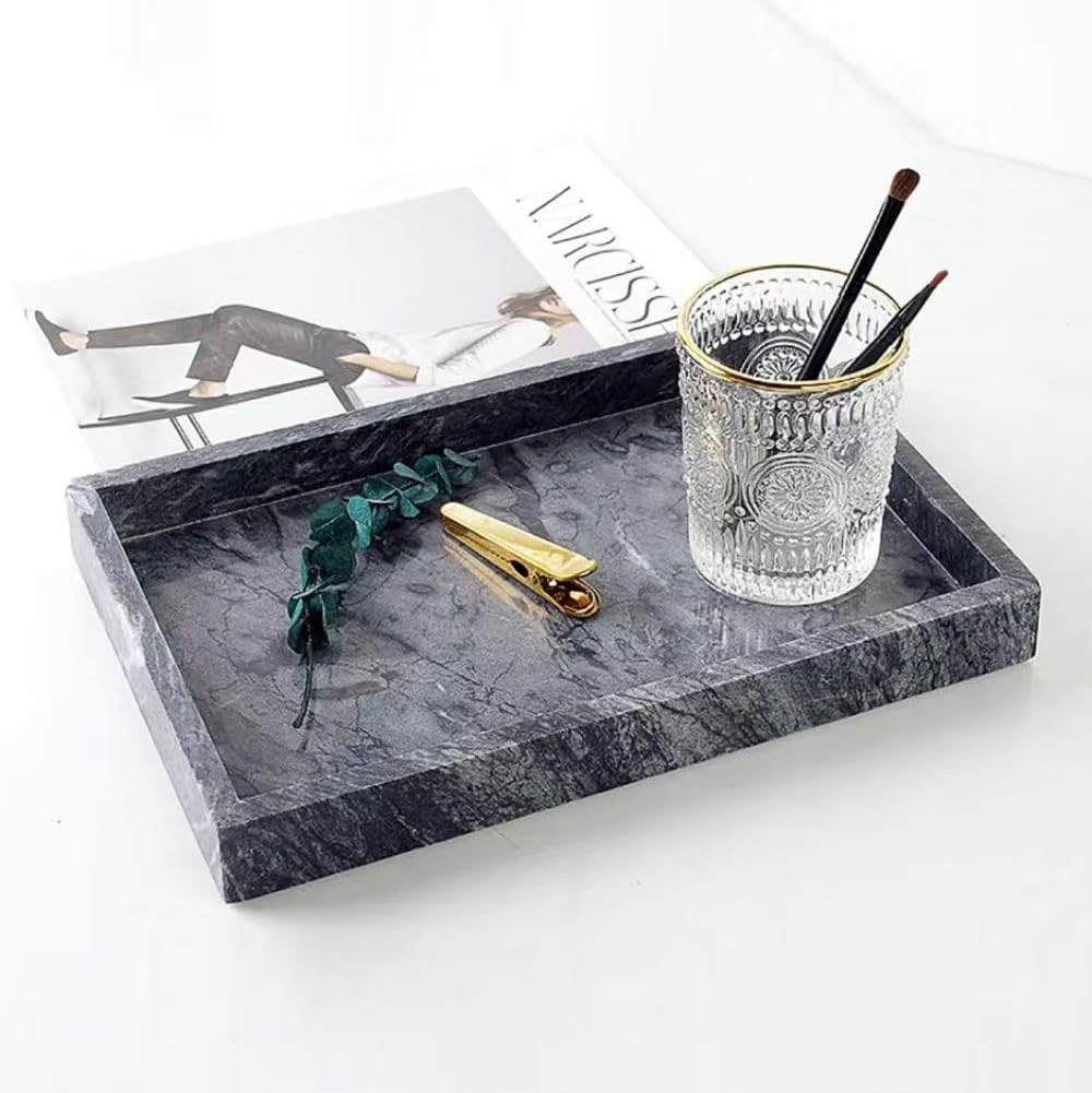Kesoniku African Natural Marble Tray, 11.8"x7.8" Coffee Table Vanity/Decorative Tray for Jewerly, Watch, Perfume, Rectangle Genuine Marble Stone for Bedroom/Bathroom/Kitchen Countertop