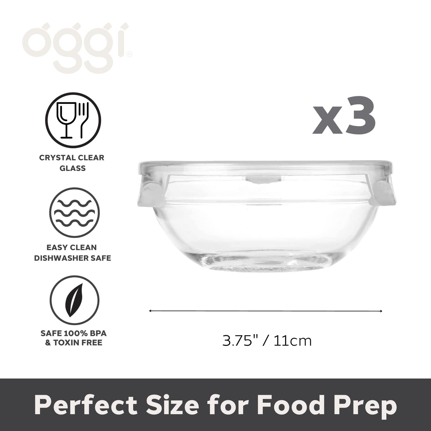 OGGI Set of 3 x Glass Pinch Bowls - 4oz with Clip Lids, Ideal For Salt and Pepper, Storage with Lids, Condiment Bowls, Mini Bowls, Prep Bowls for Cooking or Mise en Place - Clear