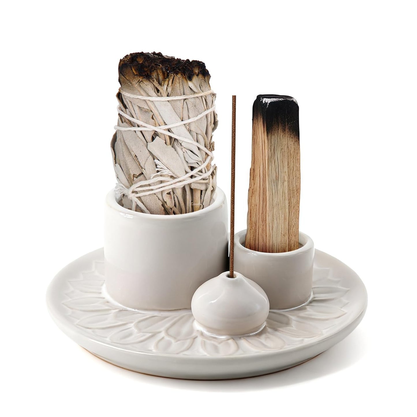 4 in 1 Ceramic Incense Holder, Palo Santo Stick Holder, Sage Holder for Burning, 5.2" Ash Catcher Tray for Meditation, Yoga & Home Decor (White)