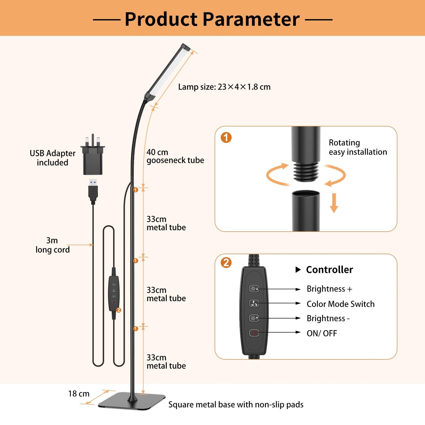 iFalarila Floor Lamp, 120 LED 10 W, Standing Lamp with 3 Colours and 10 Brightnesses, Flexible Gooseneck Floor Lamp for Living Room/Bedroom/Office