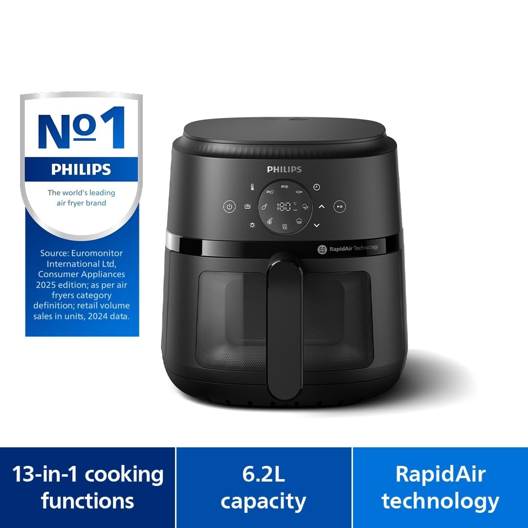 Philips Air Fryer 2000 Series 6.2L - 1700W Power, Cooking window, RapidAir technology, Digital touchscreen, 13 cooking options, Up to 90% less fat, Black (NA230/00)