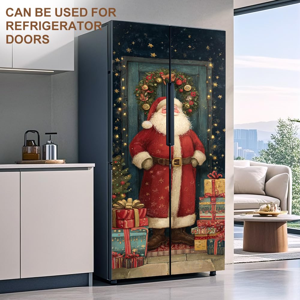 Santa Claus Christmas Door Mural Peel and Stick - Festive Holiday Gifts & Wreath Design, Decorative Self-Adhesive Door Decals for Indoor Room Decor, 30.31 x 78.74 Inch