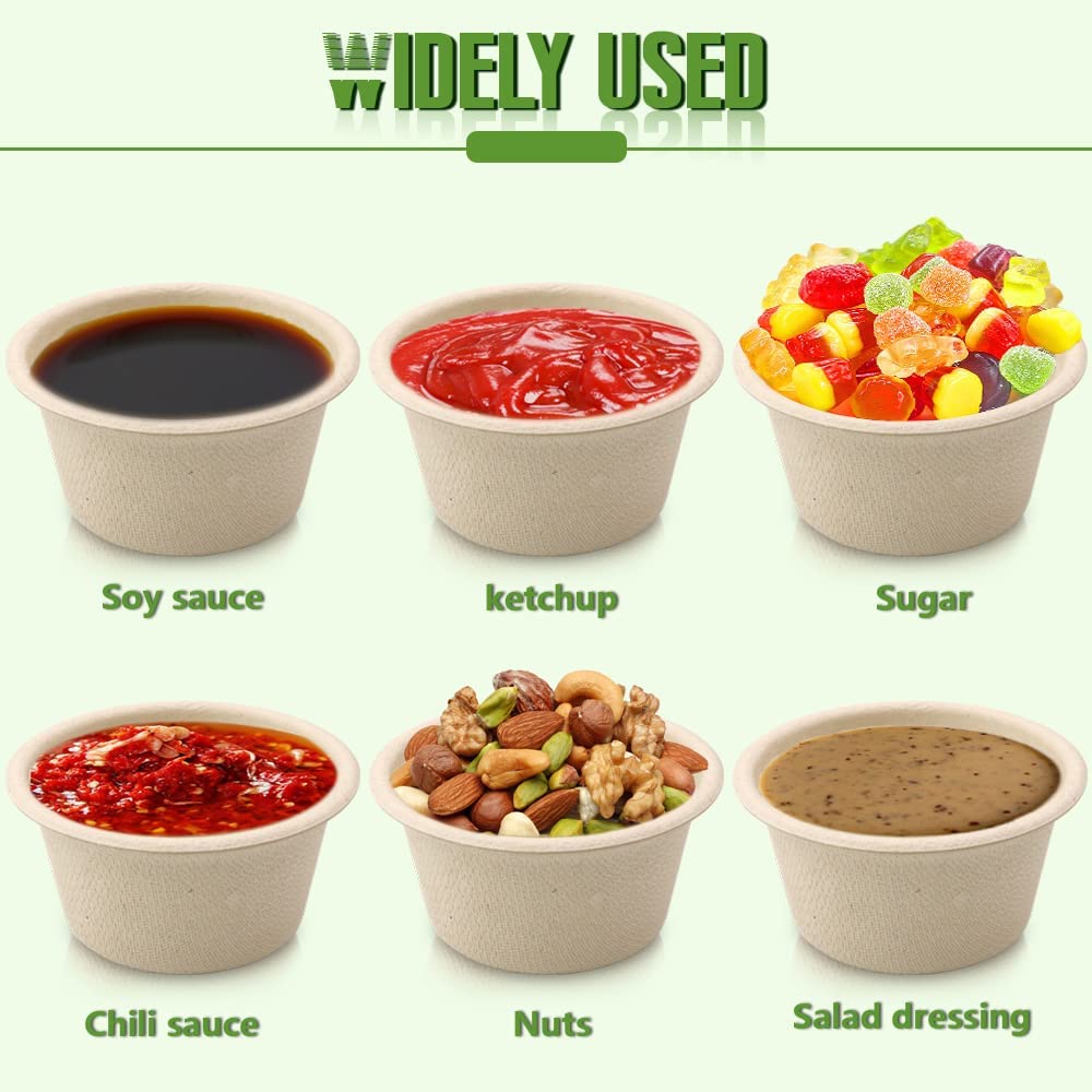 Vmiapxo 100 Sets 2oz Natural Bagasse Fiber Condiment Cups with Lids, Compostable Sauce Condiment Containers Disposable Paper Dishes Serving Sample Cups for Snack Tasting Charcuterie