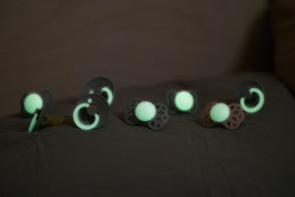 BIBS Colour Glow Soother 2-Pack, Glow in The Dark BPA Free Dummy Pacifier, Round Nipple. Natural Rubber Latex, Size 2 (6-18 Months), Iron Night/Baby Blue Night