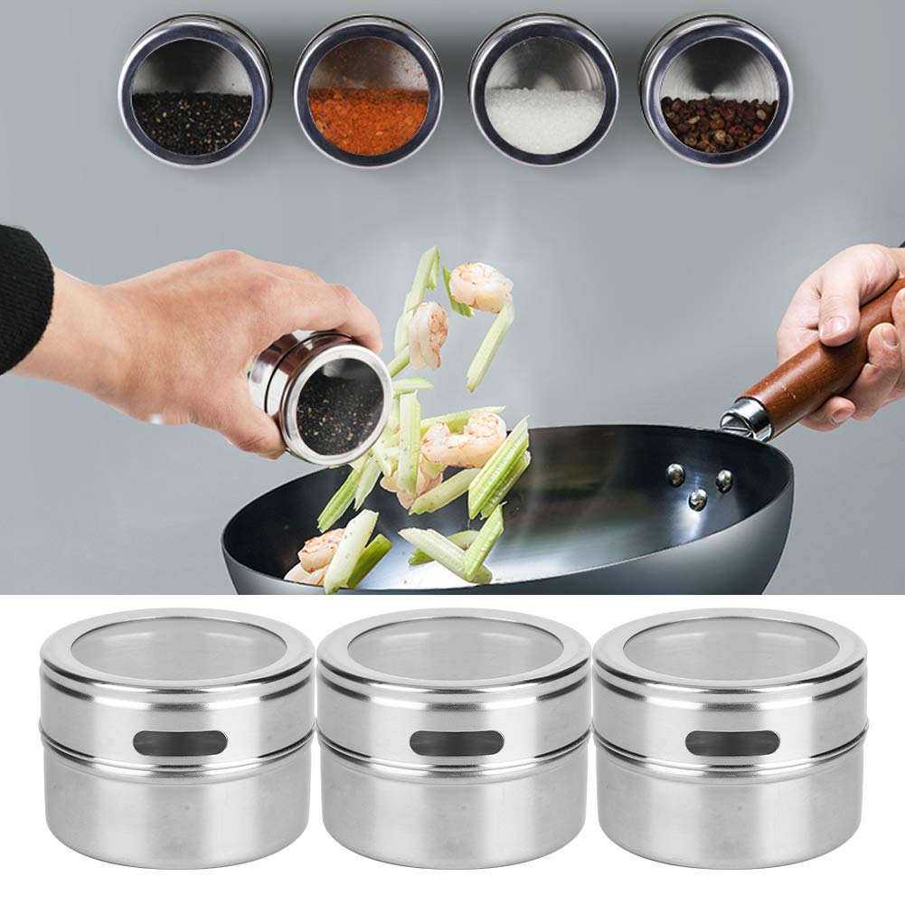 Agatige 3PCS Stainless Steel Spice Jars, Magnetic Spice Tins Seasoning Containers Bottle with Clear Lid and Holes Sift&pour for Kitchen Barbecue Accessory
