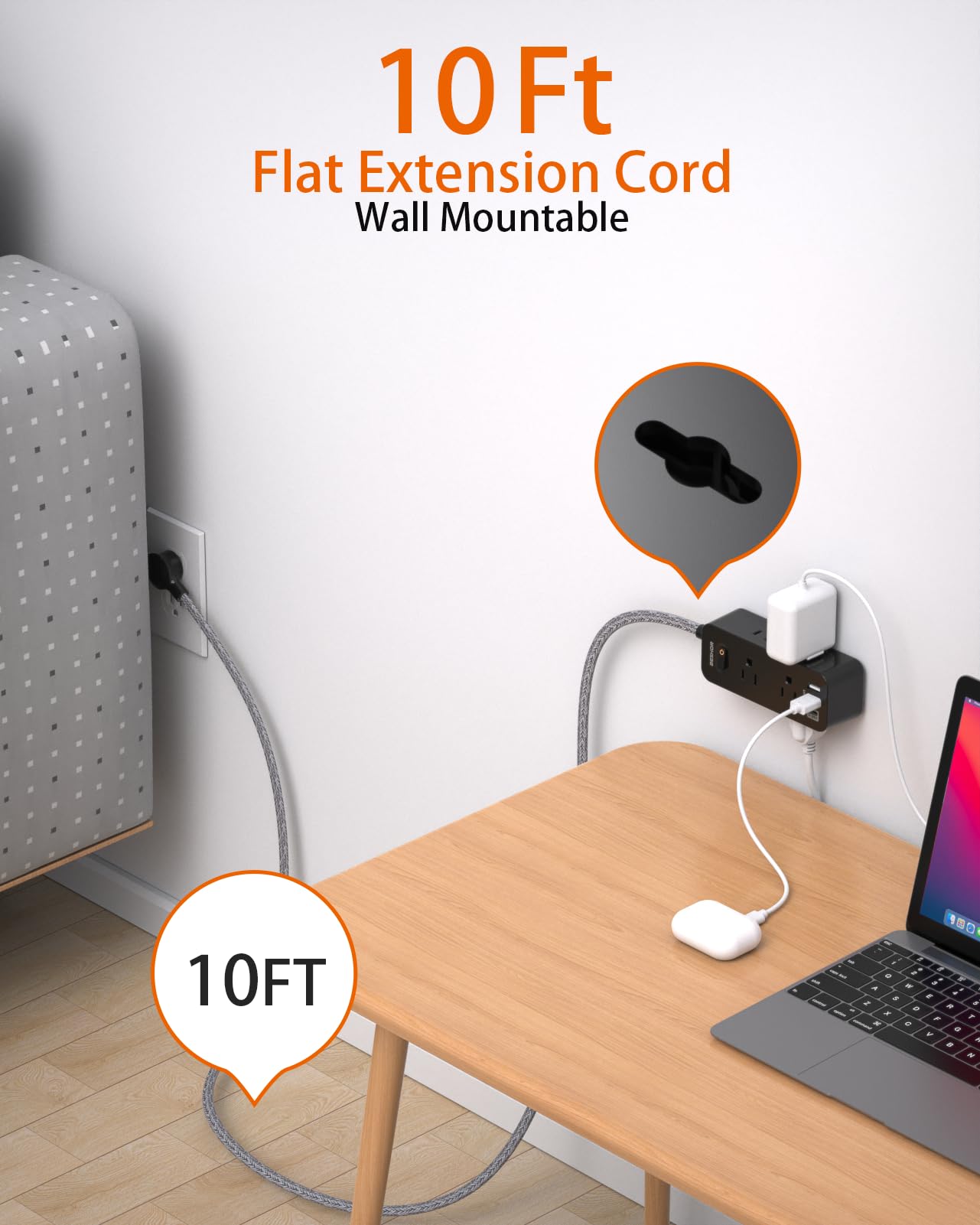 Power Strip Surge Protector, BESHON 5Ft Extension Cord, 6 Outlets with 4 USB Ports (2 USB C Outlet), 3-Side Outlet Extender, Wall Mount, Compact for Travel, Home, School, College Dorm Room and Office