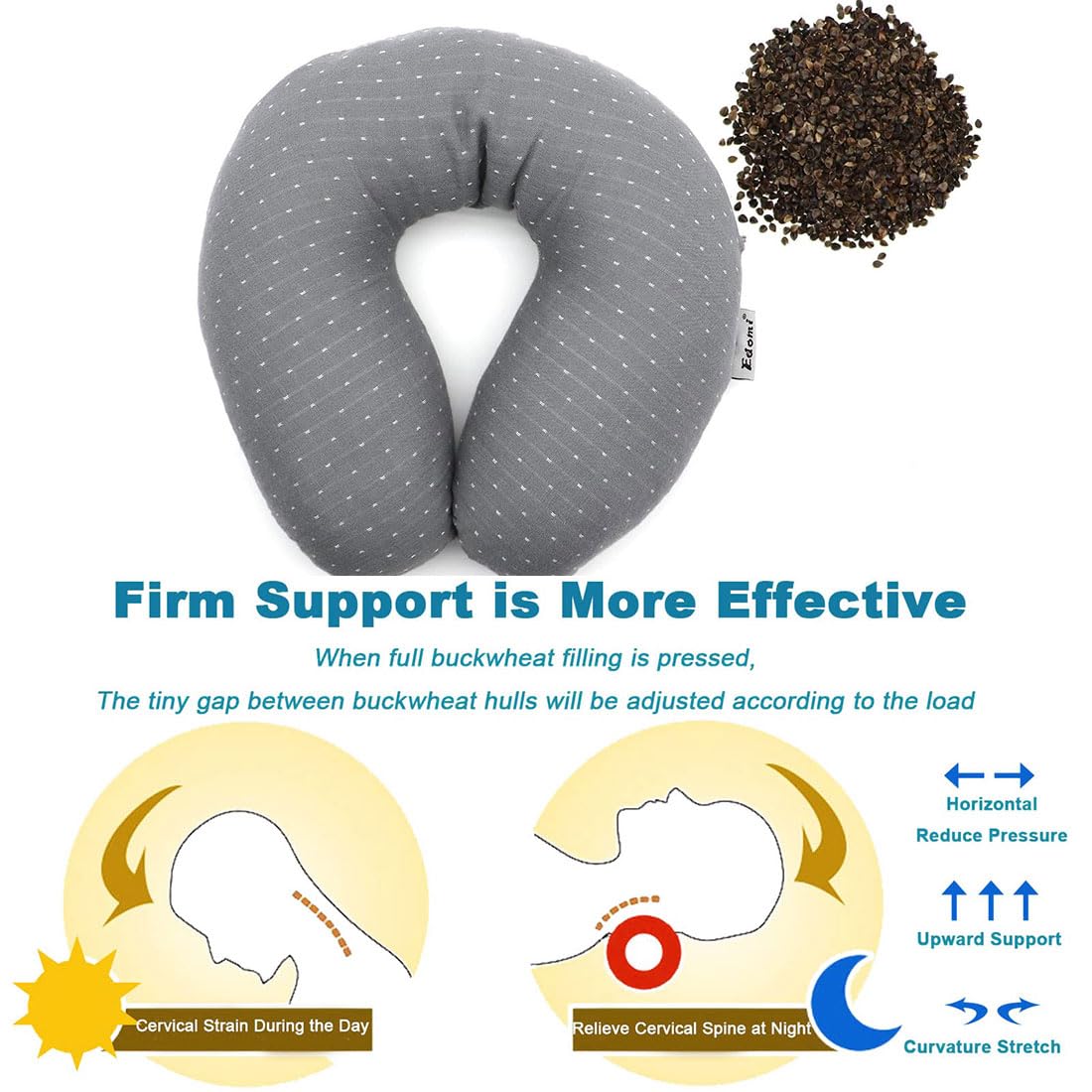 Buckwheat U-Shaped Neck Pillow Adjustable Buckwheat Hull Pillow with Pillowcase, Neck Support and Shoulder Relax Cervical Pillow (12x12 inch, Grey)