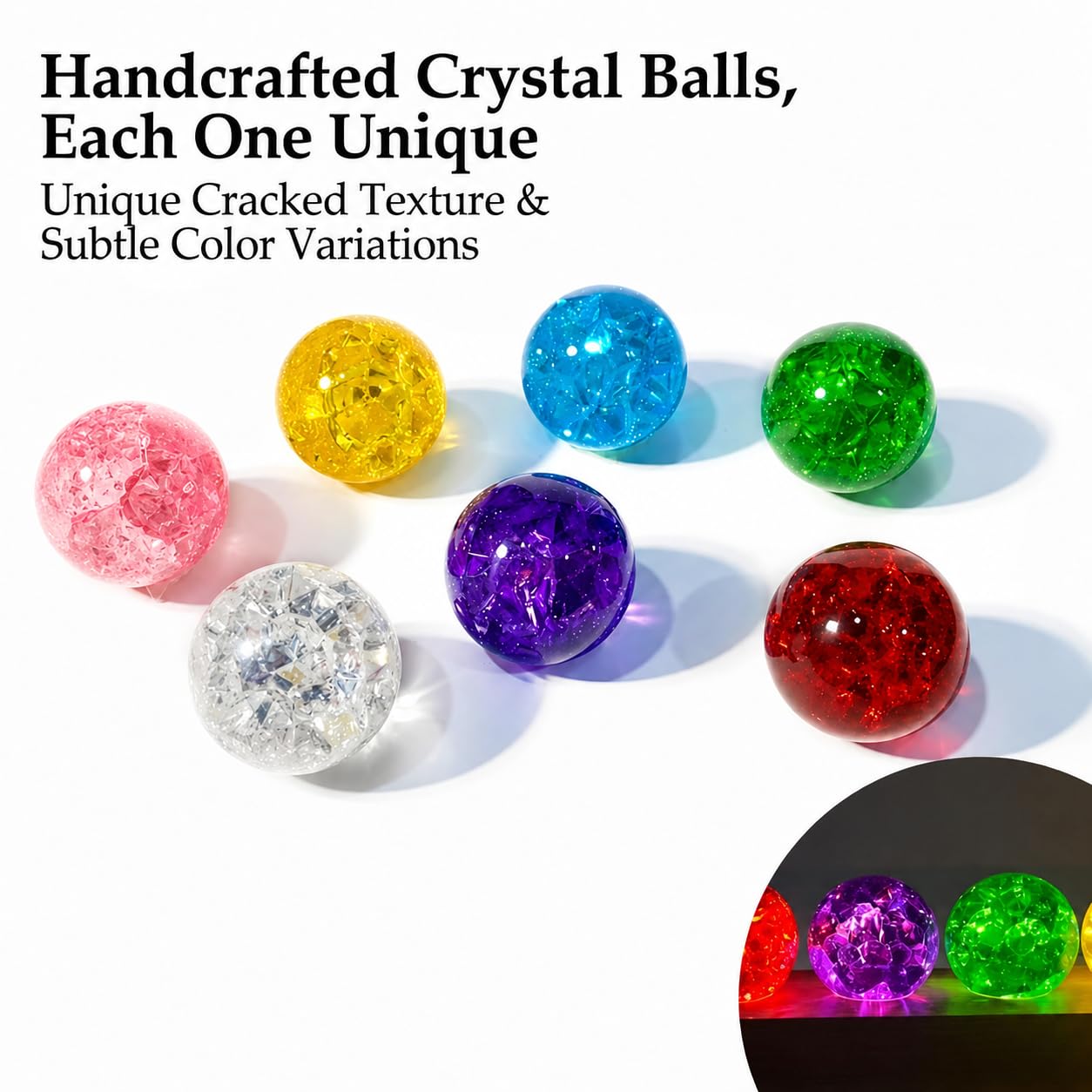 JINWU ClearPeak 7 Colors 40mm Ice Cracked Crystal Balls, Chakra Healing Sphere with LED Wooden Base, Glass Night Light for Home Living Room Meditation, Valentines Day (Set 7-Rainbow)