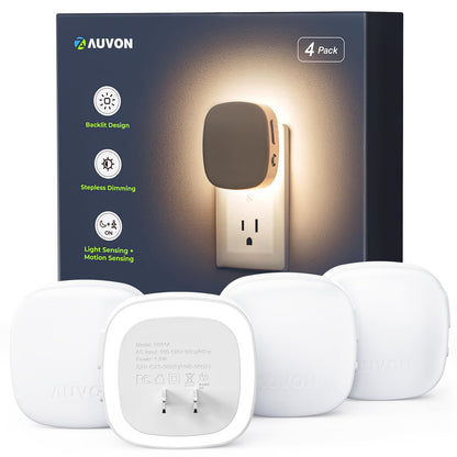 AUVON Plug-in LED Backlit Night Light with Motion Sensor & Dusk to Dawn Sensor, Dimmable Amber Nightlight with 1-50 lm Adjustable Brightness for Bedroom, Bathroom, Stairs, Hallway (4 Pack)