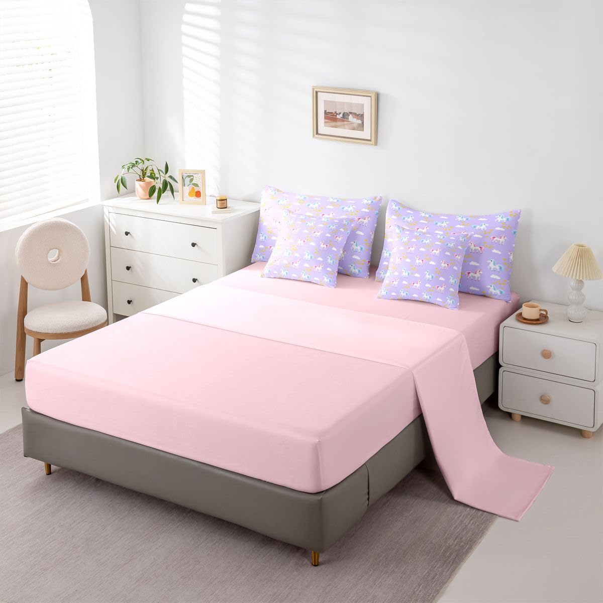 Erosebridal Pink Unicorn 7 Piece Bedding Set King Girly Comforter Set with Sheets Girls Stars Cloud Cute Blue Unicorn Bed in a Bag Princess Purple Dreamy Kawaii for Kids Boys Girls
