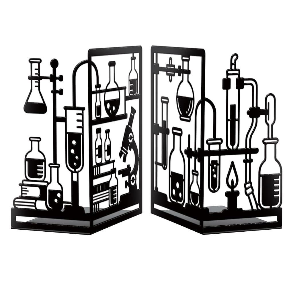 Peacoblue Metal Bookends for Shelves, Modern Decorative Heavy Duty Study Book Ends Stoppers for Office, Desk, Shelf, Room 5.5"x4.3"x8.3" Cast Iron Simple Tall Bookends 1 Pair (Chemistry Experiment)