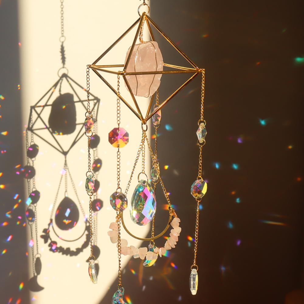 Crystal Suncatcher – Gold-Plated Hanging Window Decoration with Healing Crystals – Prism Sun Catcher for Home, Garden, Indoor or Gift – Sparkling Sun Catchers & Positive Energy (Rose Quartz)