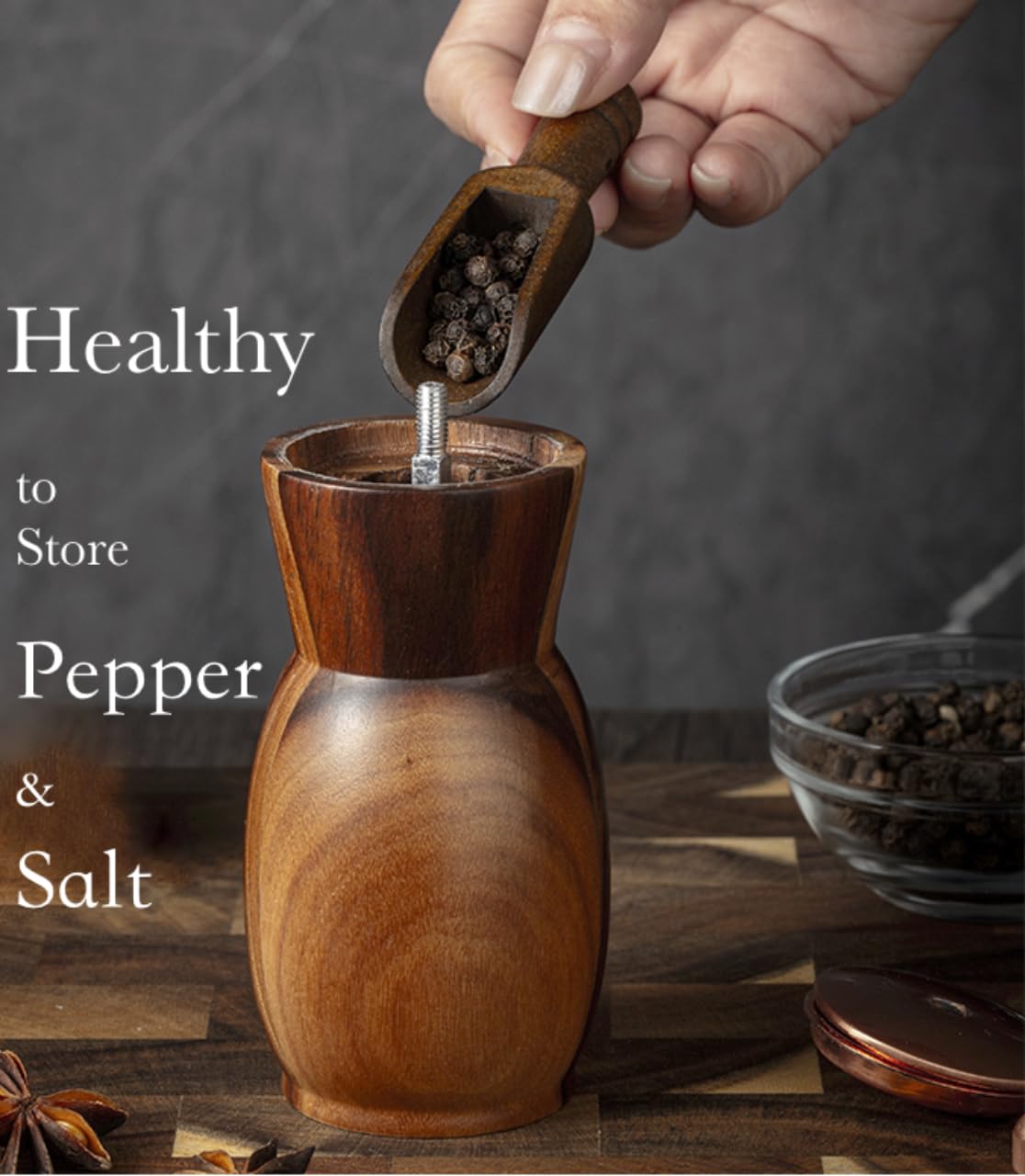 Stelalloy Pepper Grinder Pepper Mill - Salt And Pepper Grinder Set With Holder - Wood Salt and Pepper Shakers - Refillable Manual Spice Mill (3.5" Salt Grinder + 4.5" Pepper Mill)