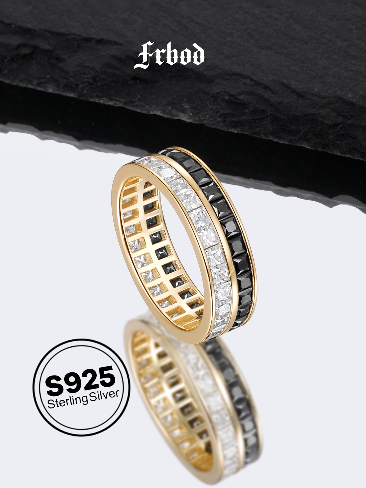 Frbod Black Moissanite Wedding Ring Shinning Bezel Diamond Jewelry for Women 14K Gold Plated Square Moissanite Bands Size 7