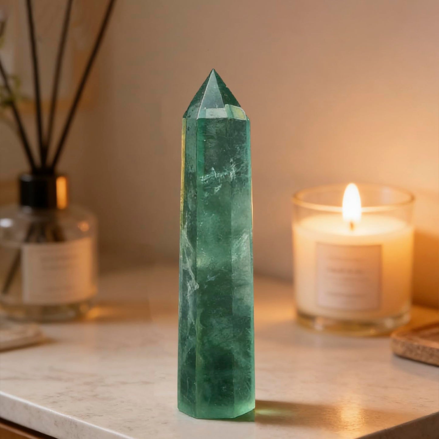 5.9 Inch Green Fluorite Point Wand, Natural Hexagonal Prism Crystal Pillar, Single Point Fluorite Crystal Stick, Reiki Healing Energy Stone, Craft Ornament for Meditation Home Decor Spiritual Gift