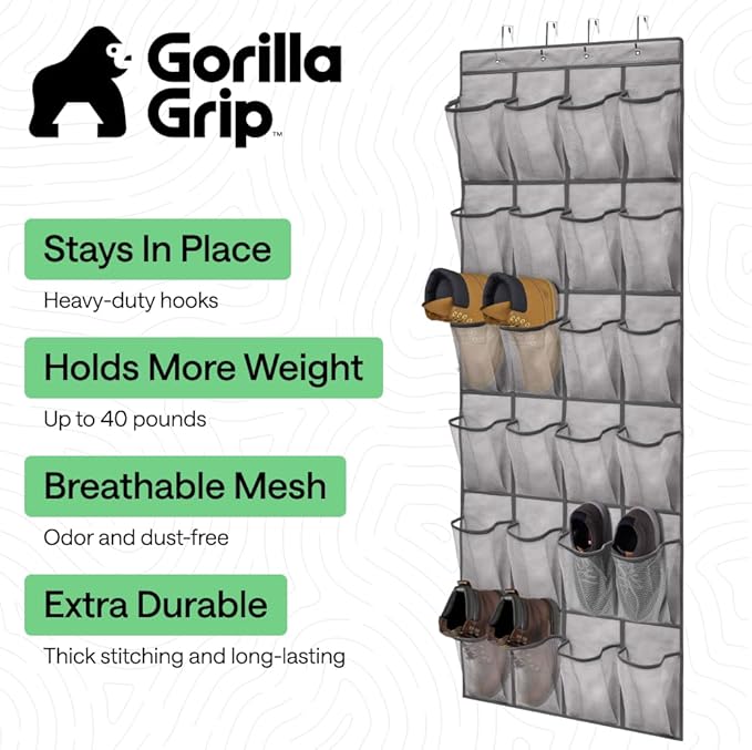 GORILLA GRIP Over the Door Shoe Organizer, 24 Extra Large Breathable Mesh