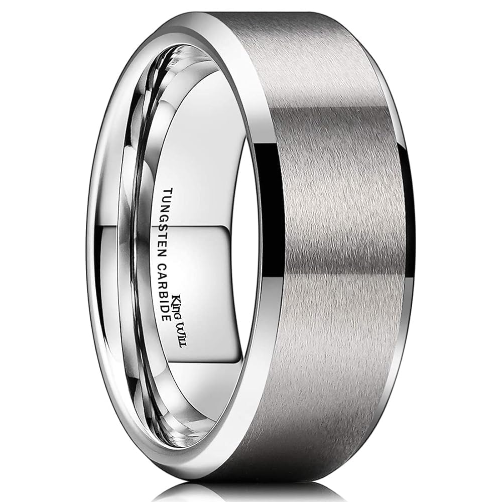King Will 8mm Men's Silver Wedding Ring - Brushed Matte Surface, Beveled Polished Edge, Comfort Fit Size 7